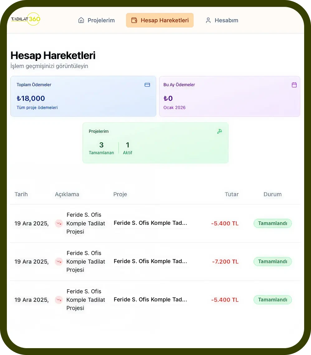 Tadilat360 hesap hareketleri ve ödeme güvencesi ekranı